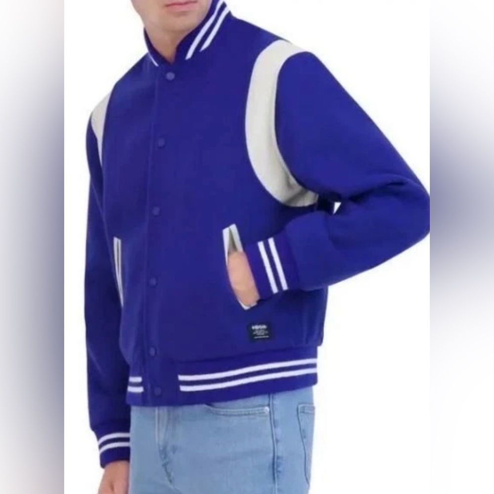 Hudson Royal Blue Wool Blend and Ivory Faux Leather Varsity Jacket